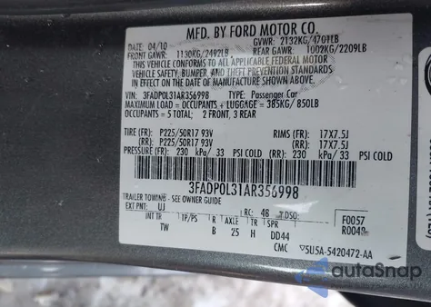 2010 Ford Fusion Hybrid из США, поврежденный, VIN 3FADP0L31AR356998
